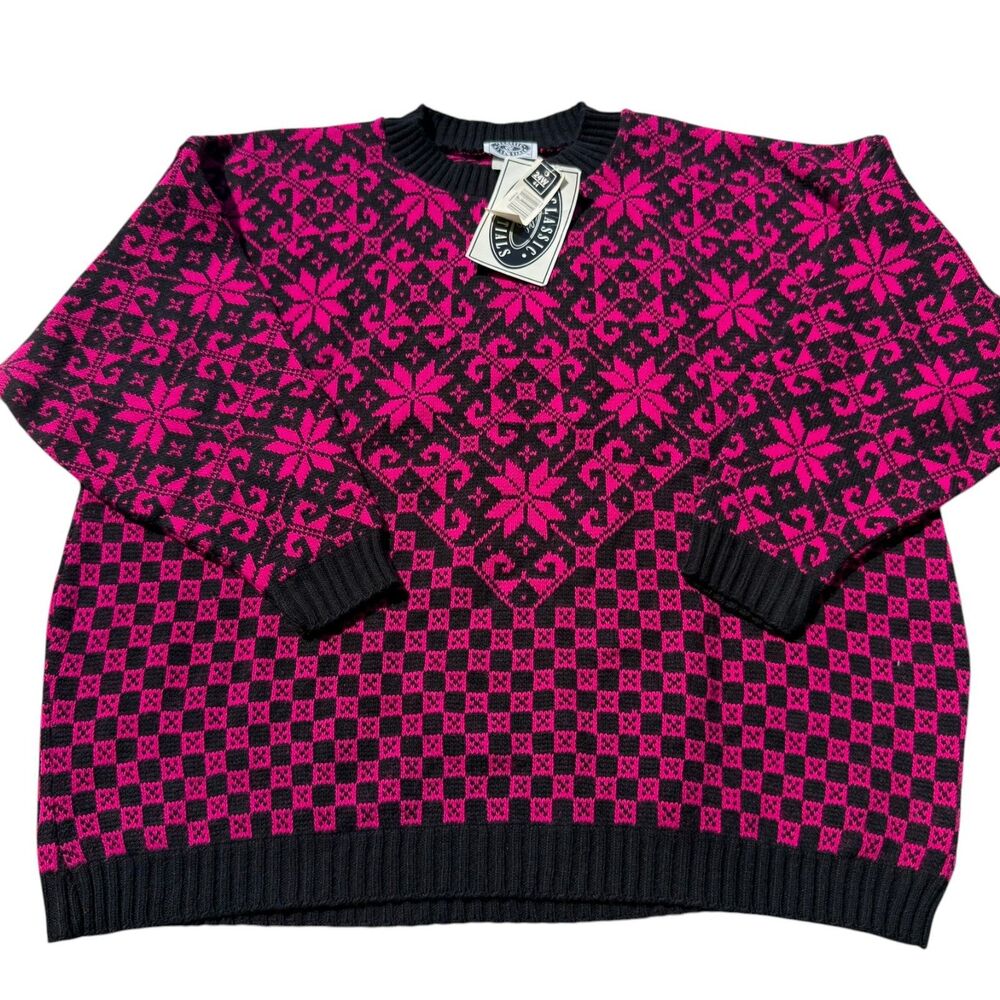 Vintage Classic Essentials Sweater Women's 2XL Black Pink Fair Isle NWT USA Made